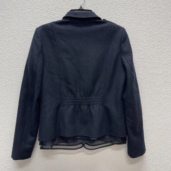 Ann Taylor Loft Size 10 Navy Blue Mesh Trim Jacket Blazer Wool Blend - Picture 3 of 7